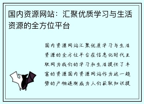 国内资源网站：汇聚优质学习与生活资源的全方位平台